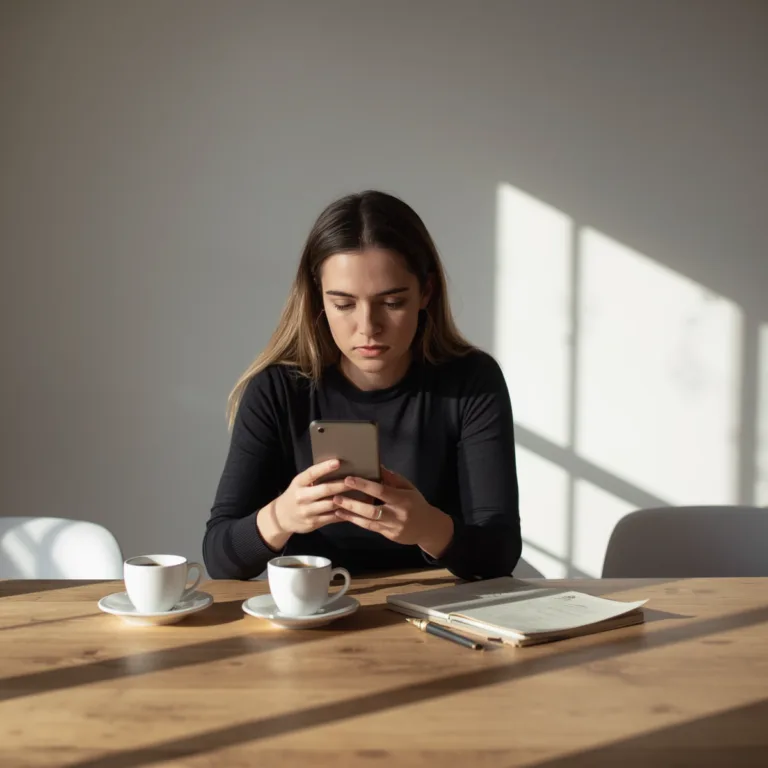 Woman reviewing text messages in a Texas divorce case at kitchen table