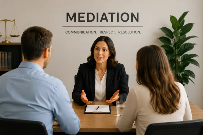 Divorce mediation Texas meeting with spouses and mediator discussing settlement options