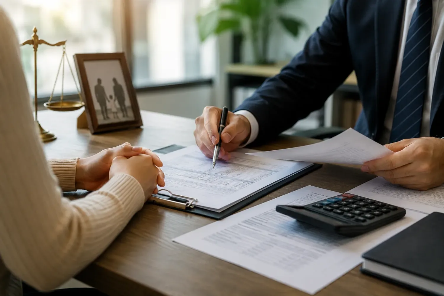 Texas Child Support Guidelines consultation between attorney and parent reviewing support documents