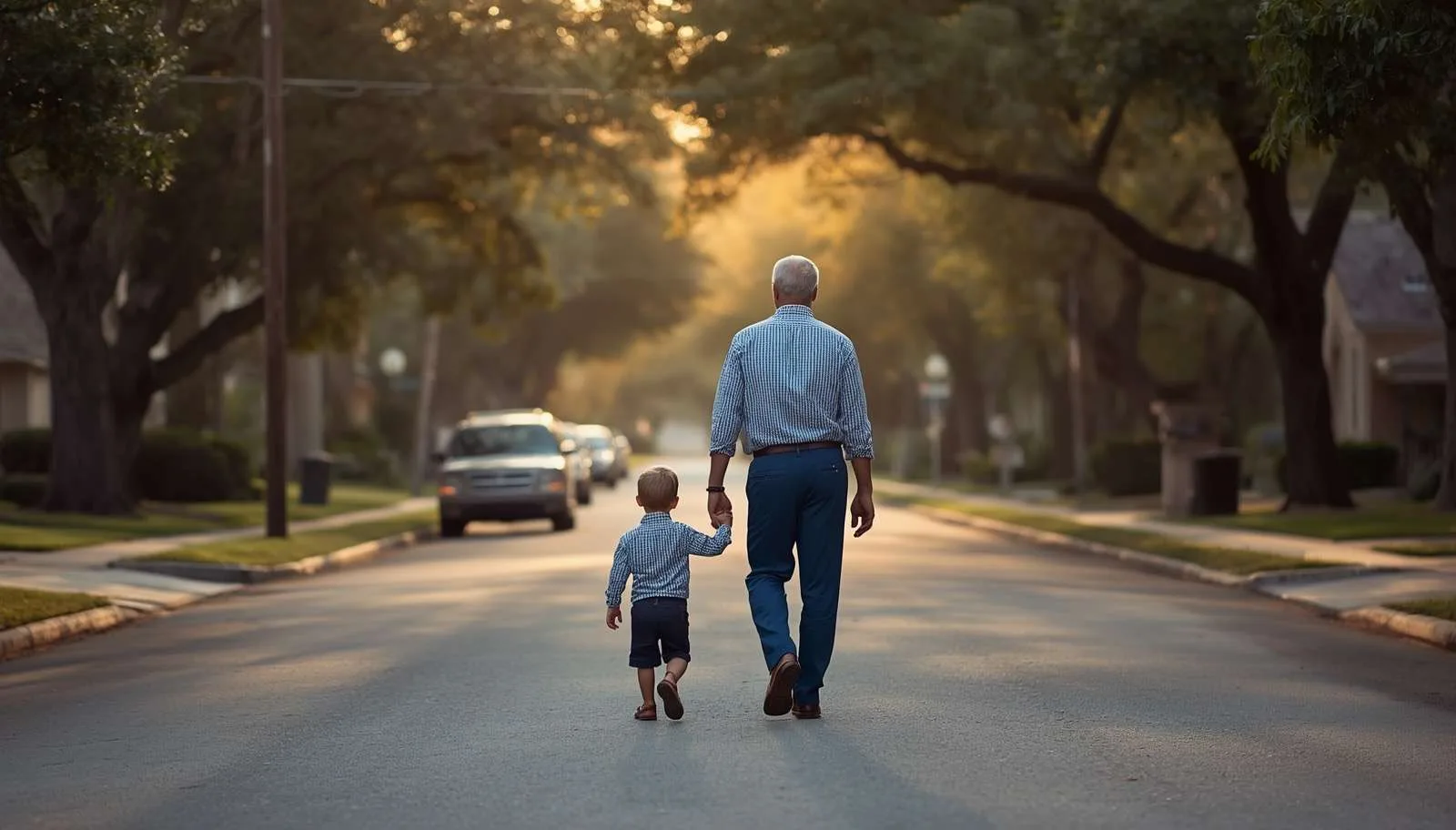 Grandfather walking his young grandchild to school on a tree-lined Houston street