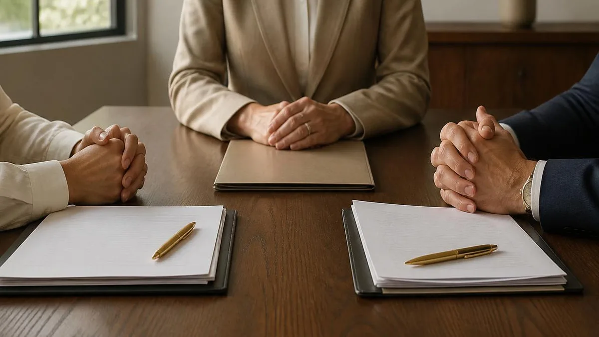 Spouses and their attorneys negotiating contractual alimony across a mediation table in Houston