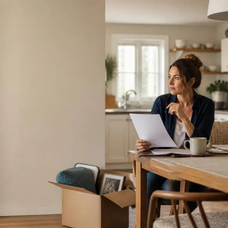 Mother reviewing a Texas custody order at her kitchen table with a moving box nearby