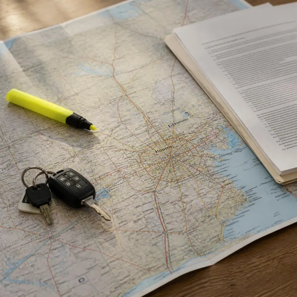 Texas road map showing Houston and Harris County beside a custody order and car keys