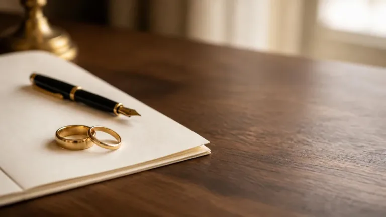 Two gold wedding rings and a fountain pen resting on a marital agreement document
