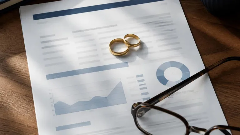 Retirement account statement with wedding rings representing dividing retirement accounts in a Texas divorce