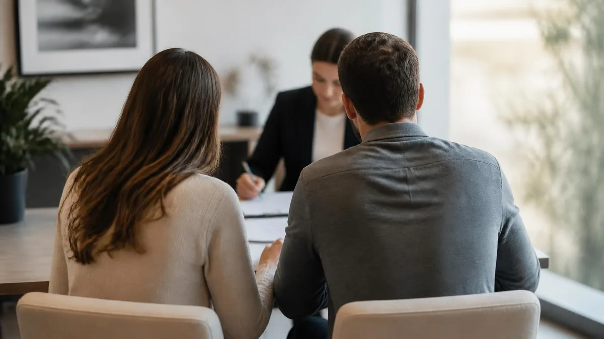 Couple reviewing a prenuptial agreement with a family law attorney in a Houston office