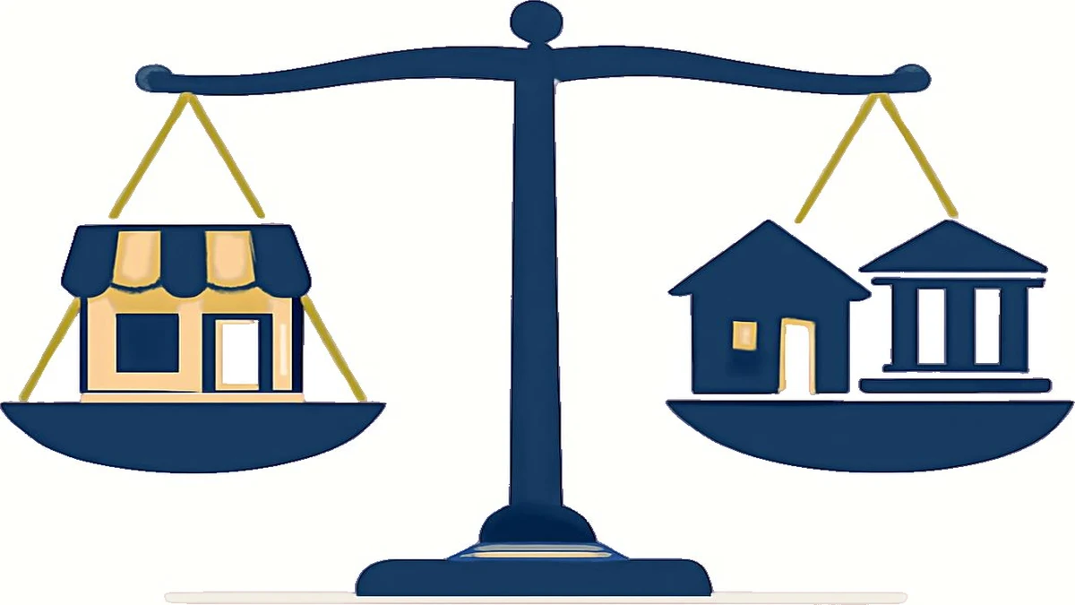 Scale balancing a business interest against a house and bank assets in divorce