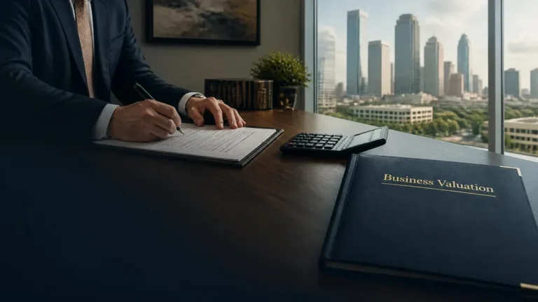 Business owner reviewing valuation documents with Houston skyline in background