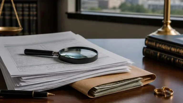 Magnifying glass over bank statements with cash hidden beneath papers, representing hidden assets in a Texas divorce